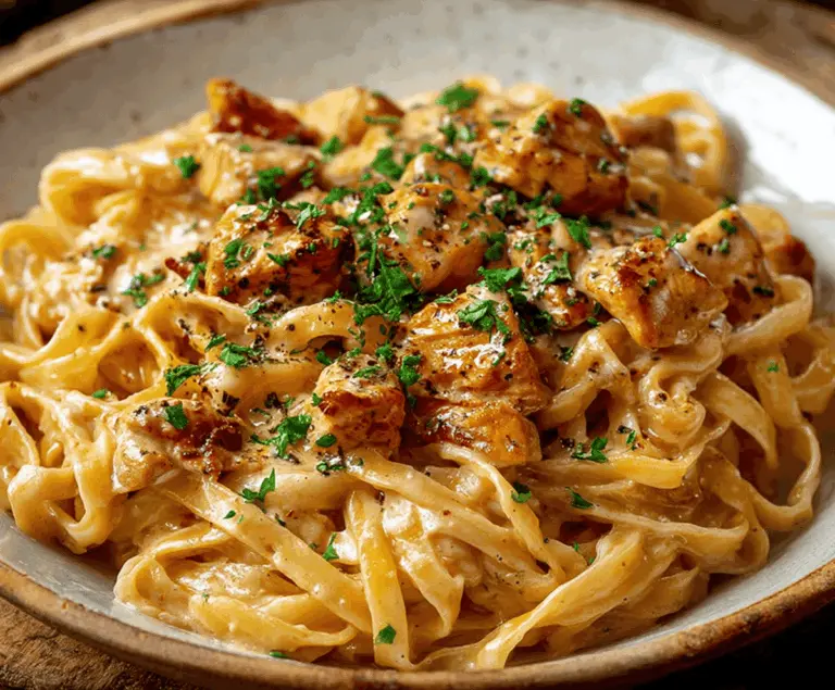 Creamy Cowboy Butter Chicken Linguine with herbs and spices on a plate.