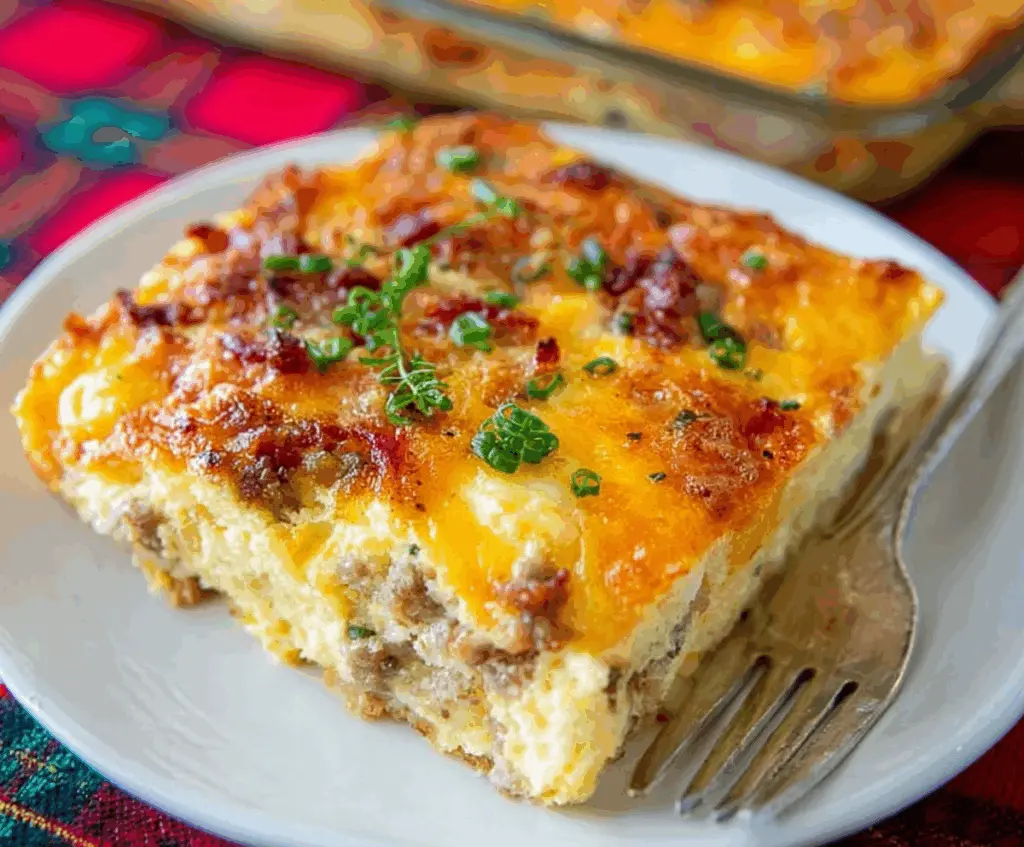 Delicious Crack Breakfast Casserole with eggs, cheese, and breakfast meats served in a baking dish