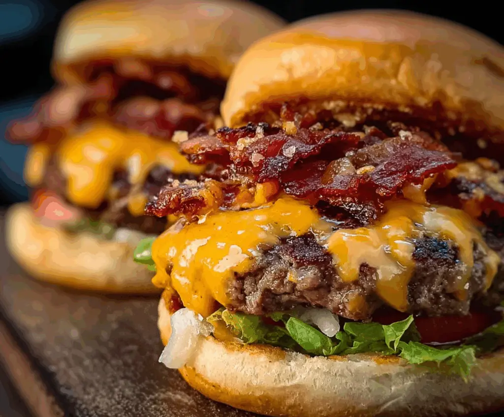 Juicy Crack Burgers with melted cheese and crispy bacon served on a plate.
