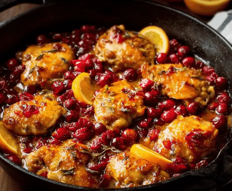 Juicy Cranberry Orange Chicken garnished with fresh herbs, served on a white plate for a flavorful holiday dinner.