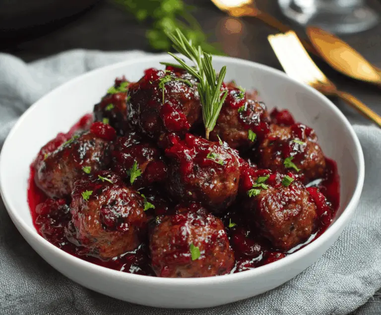 Delicious cranberry sauce meatballs served on a plate, perfect for holiday parties and family gatherings.