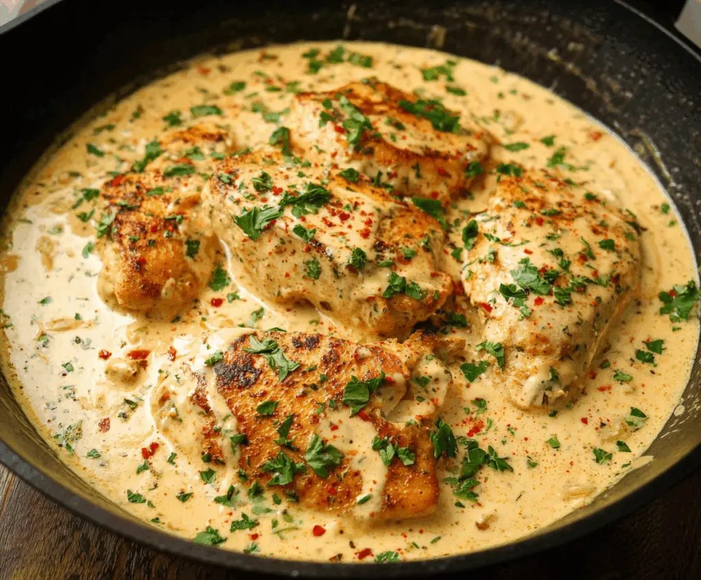 Cream Cheese Chicken dish with tender shredded chicken and creamy cheese sauce served with herbs.
