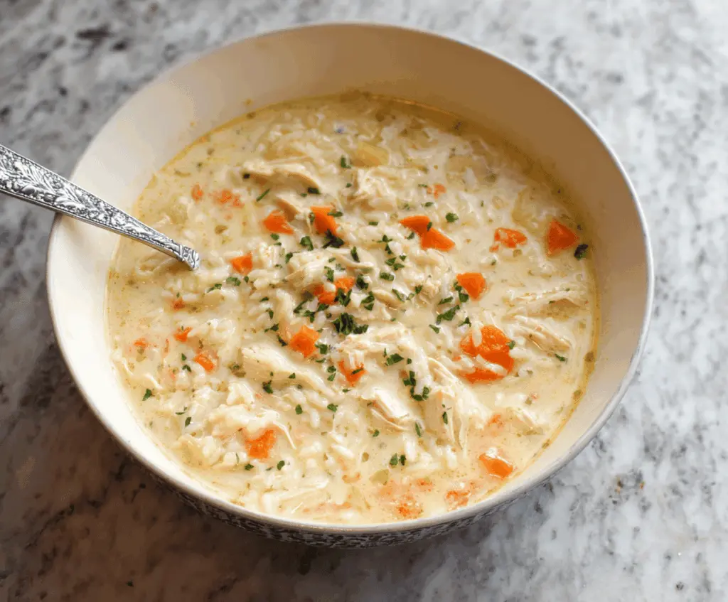Creamy Chicken and Rice Soup in a bowl with fresh herbs and a spoon