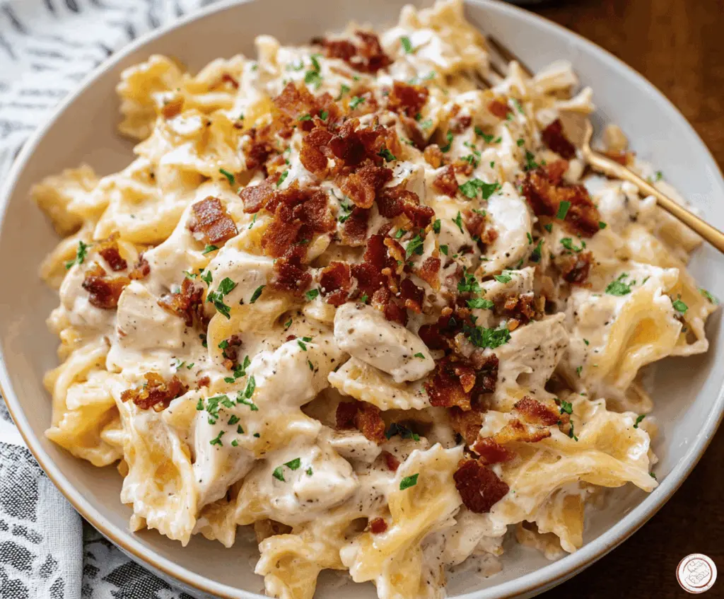 Delicious creamy chicken bacon ranch pasta served in a white bowl, garnished with herbs.