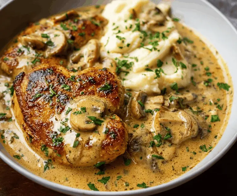 Delicious creamy garlic chicken served with fresh herbs and a savory sauce.
