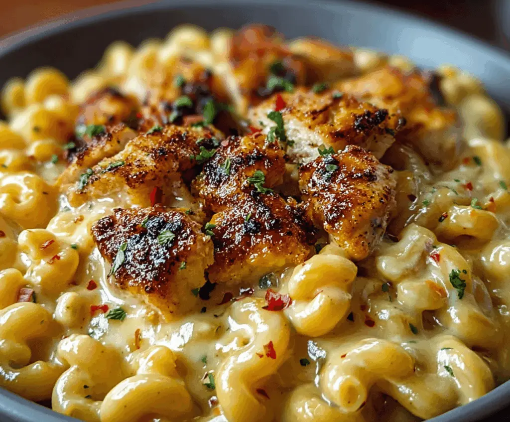 Creamy Honey Pepper Chicken Mac and Cheese served in a bowl, topped with fresh herbs and a drizzle of honey.