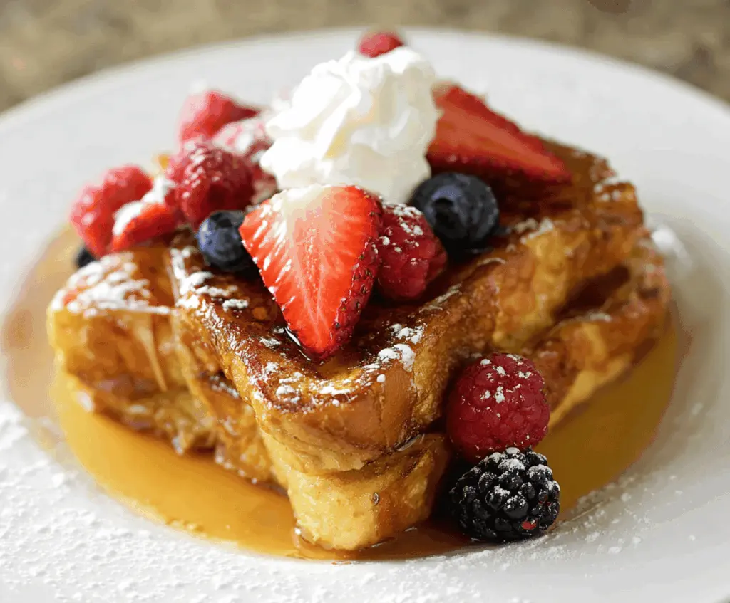 Creamy Crème Brûlée French Toast topped with caramelized sugar and fresh berries