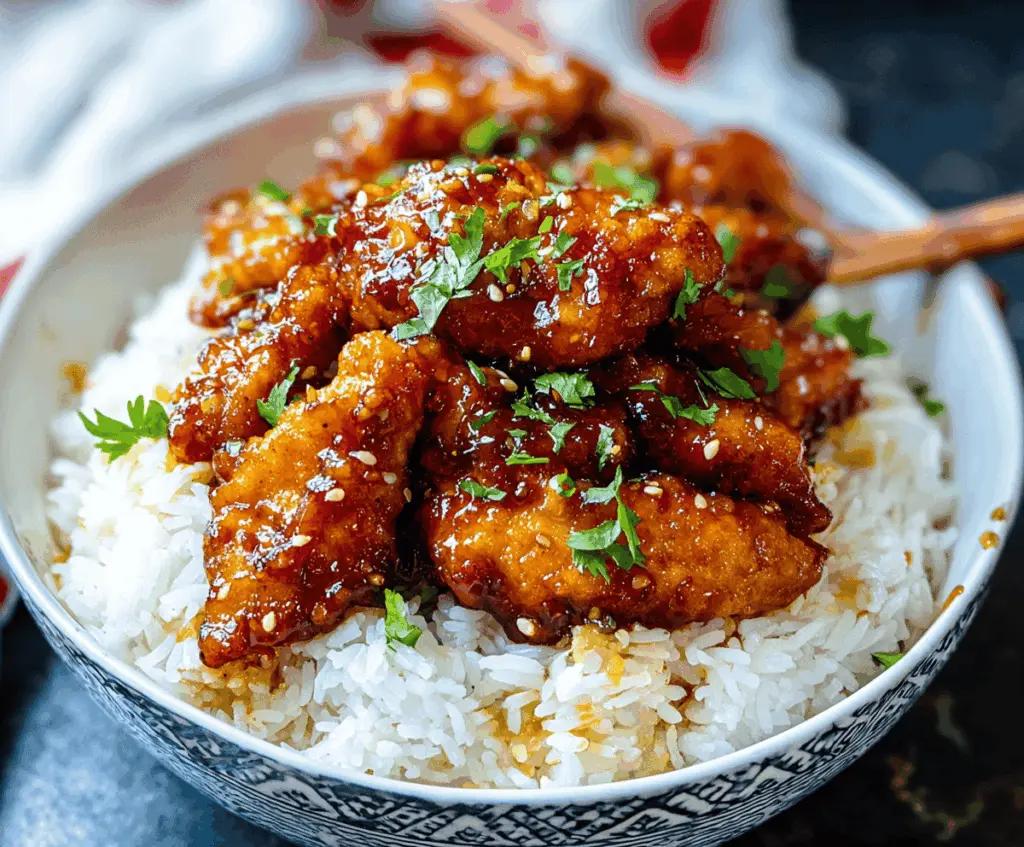 Crispy Chinese Honey Garlic Chicken served on a plate garnished with green onions.