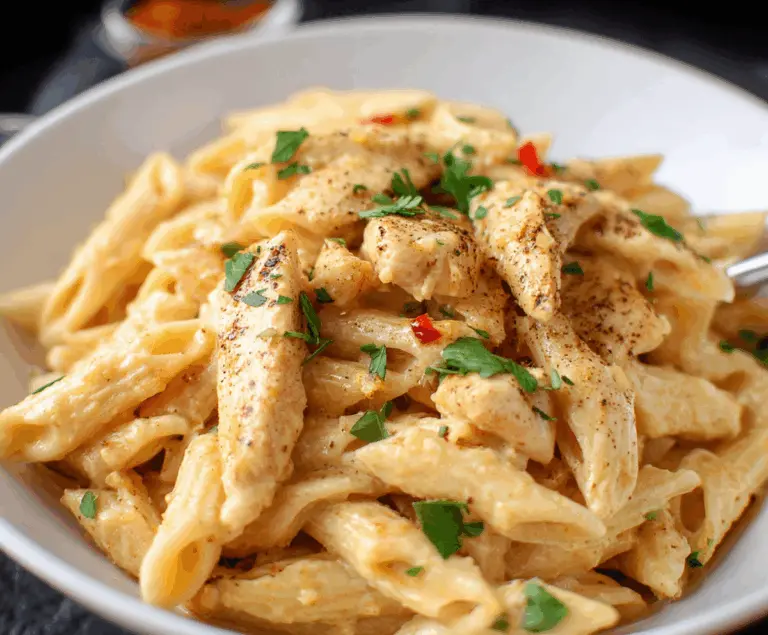 Creamy Crock Pot Cajun Chicken Pasta with spices, chicken, and pasta served in a bowl.