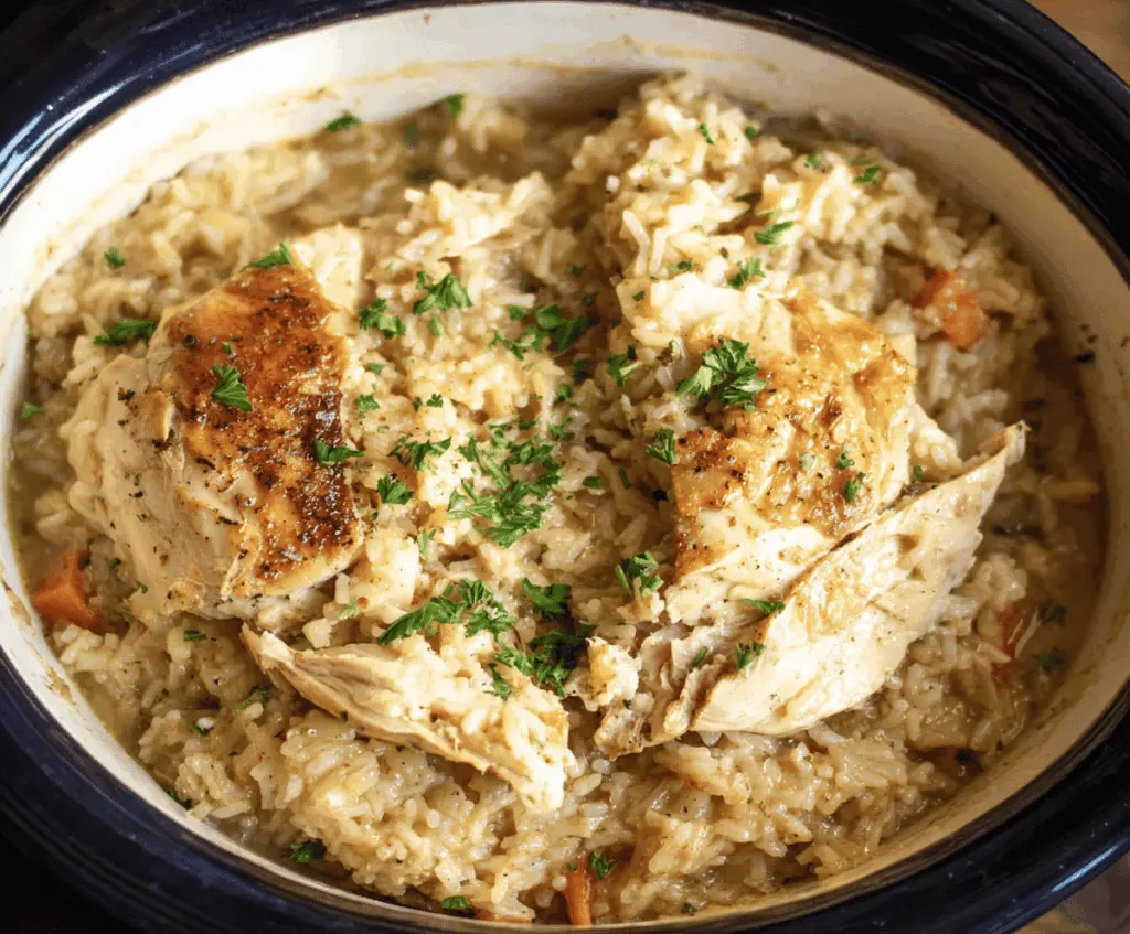 Delicious Crock Pot Chicken and Rice meal served in a bowl with fresh herbs