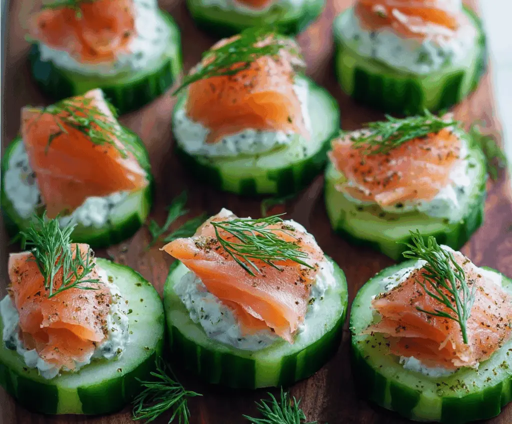 Delicious cucumber smoked salmon bites garnished with fresh herbs for a refreshing appetizer.