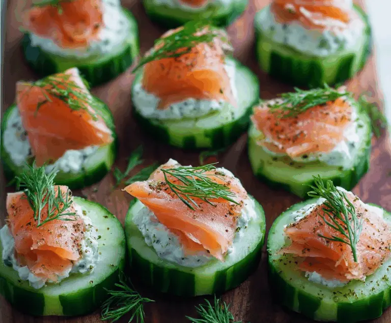 Delicious cucumber smoked salmon bites garnished with fresh herbs for a refreshing appetizer.