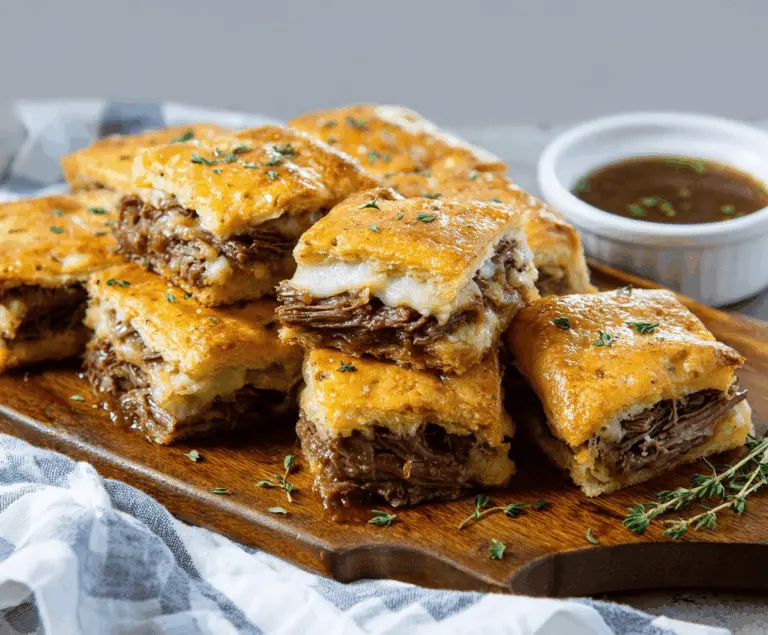 Golden French Dip Squares with melted cheese and tender beef slices on a serving plate.