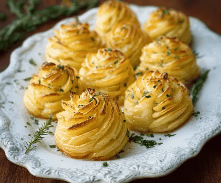Creamy Duchess Potatoes served on a elegant platter, garnished with chopped herbs for a delicious side dish.