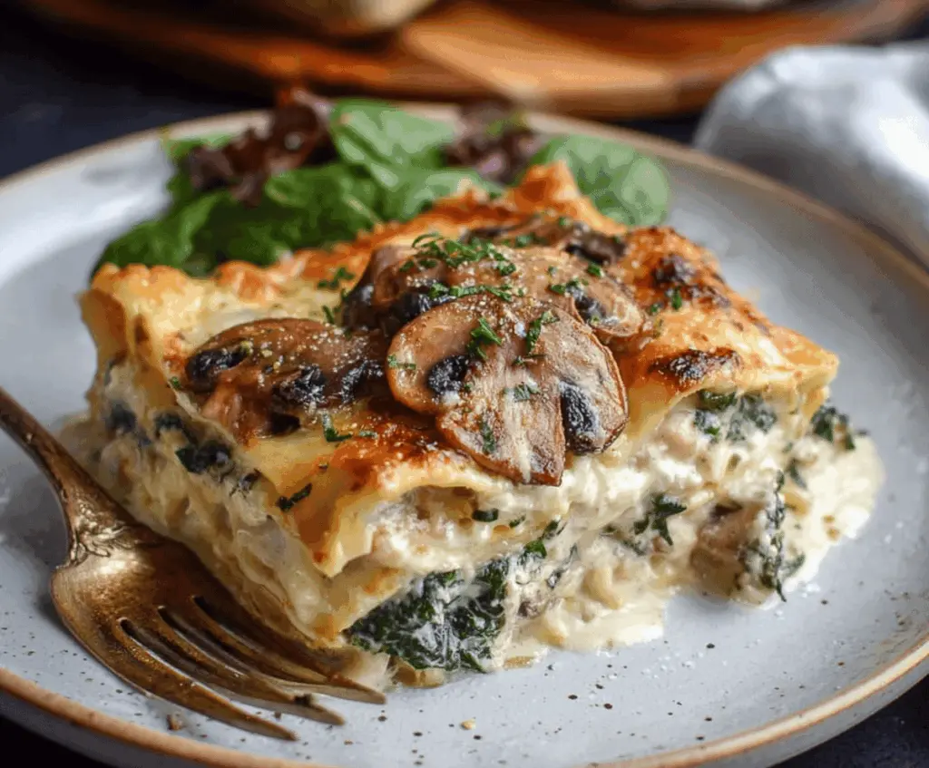 Delicious creamy spinach and mushroom lasagna layered with cheese and pasta, perfect for a comforting meal.