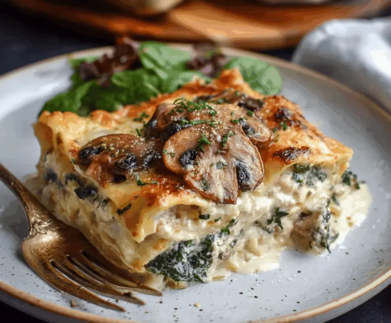 Delicious creamy spinach and mushroom lasagna layered with cheese and pasta, perfect for a comforting meal.