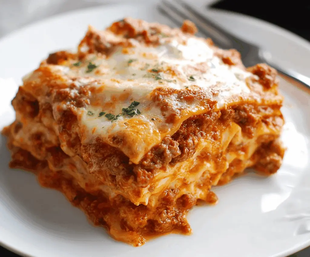 Delicious homemade lasagna with layers of pasta, cheese, and savory sauce ready to serve.