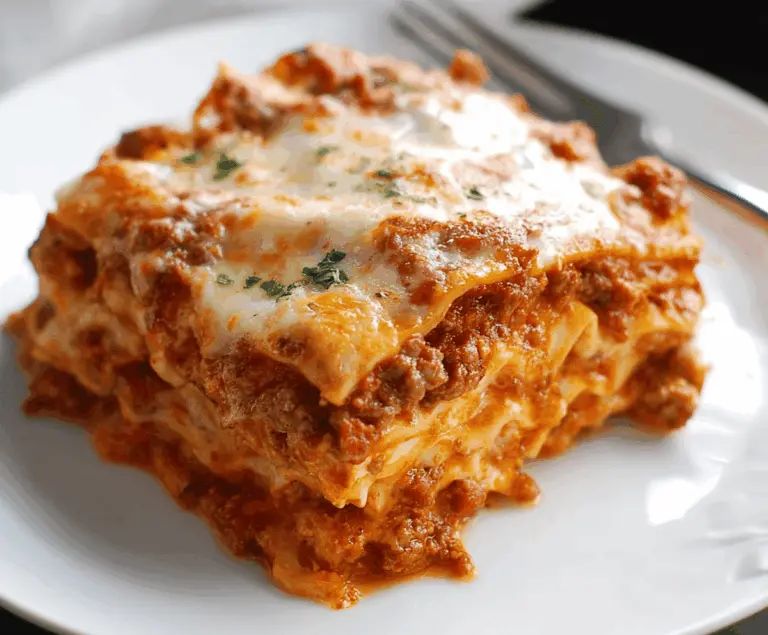 Delicious homemade lasagna with layers of pasta, cheese, and savory sauce ready to serve.