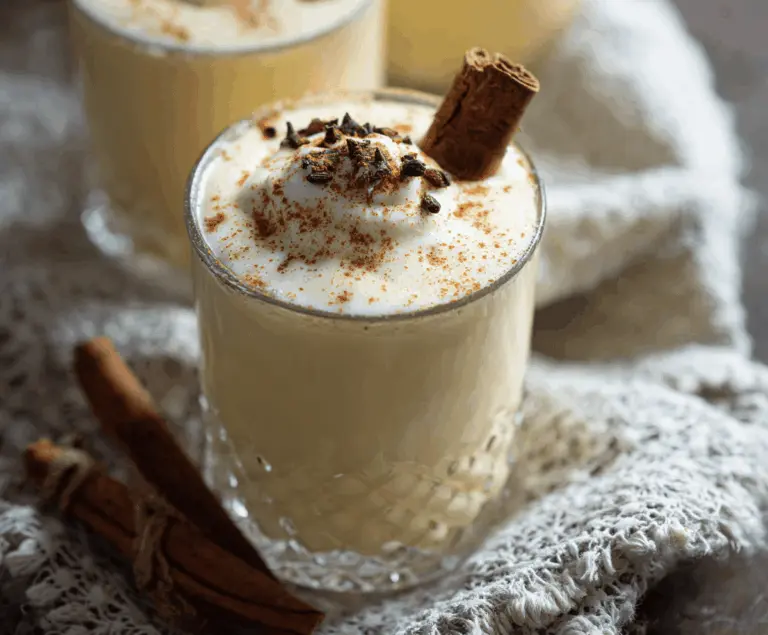 Creamy homemade eggnog topped with ground nutmeg and whipped cream in a festive glass.