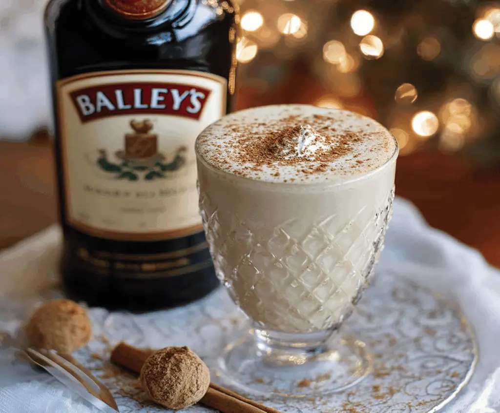 Creamy eggnog with Baileys Irish Cream in a festive glass, perfect for holiday celebrations.
