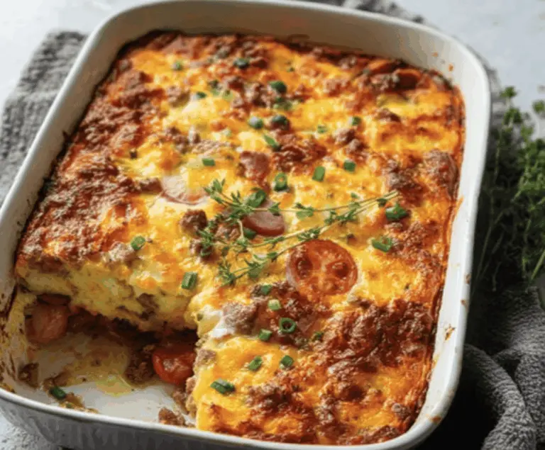Delicious Farmer’s Casserole with fresh vegetables, melted cheese, and savory herbs.