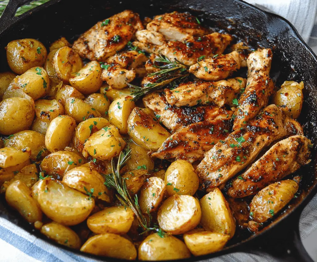 Savory garlic butter chicken with crispy potatoes in a skillet, garnished with fresh herbs.