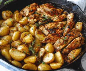 Savory garlic butter chicken with crispy potatoes in a skillet, garnished with fresh herbs.