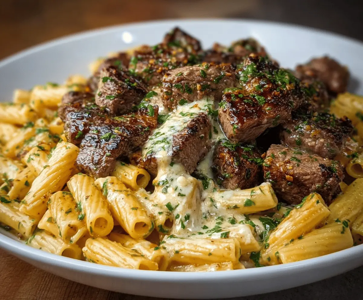 Garlic Butter Steak Tips & Cheesy Rigatoni