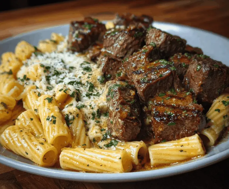 Delicious garlic butter steak tips served with cheesy rigatoni pasta on a plate.