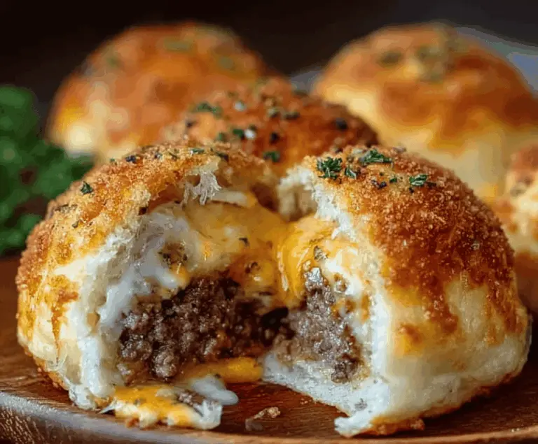 Golden Garlic Parmesan Cheeseburger Bombs with melted cheese and crispy breading on a plate.