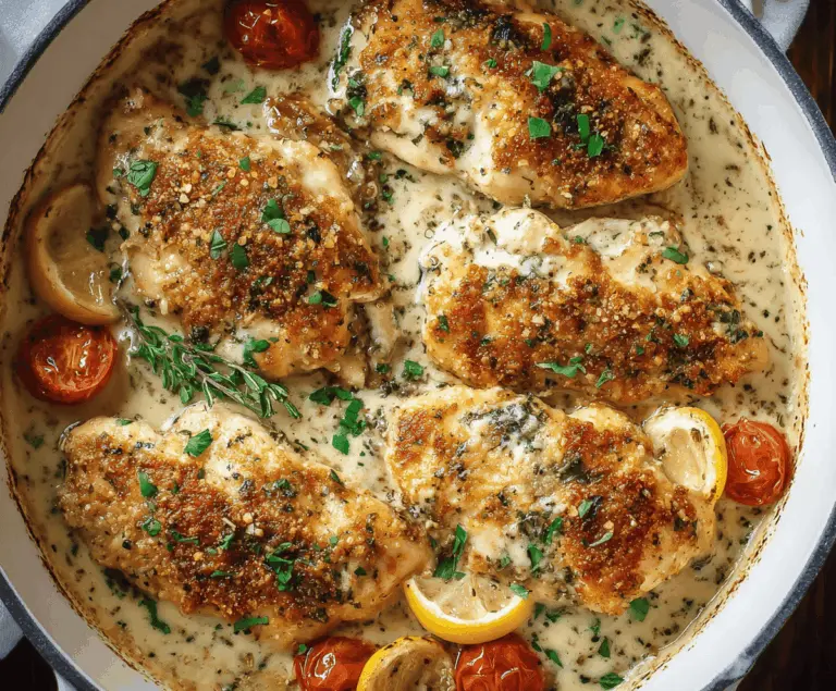 Delicious Garlic Parmesan Chicken Bake served hot with golden cheese and crispy herbs.