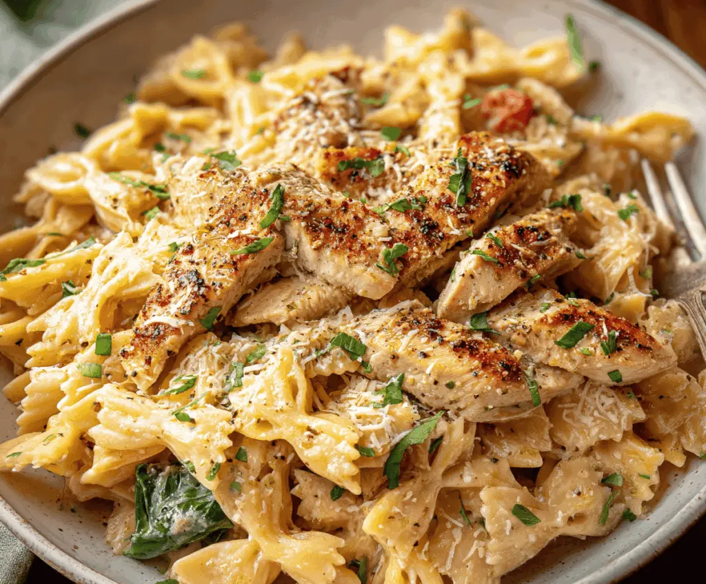 Creamy garlic Parmesan chicken pasta dish with tender chicken and fresh herbs