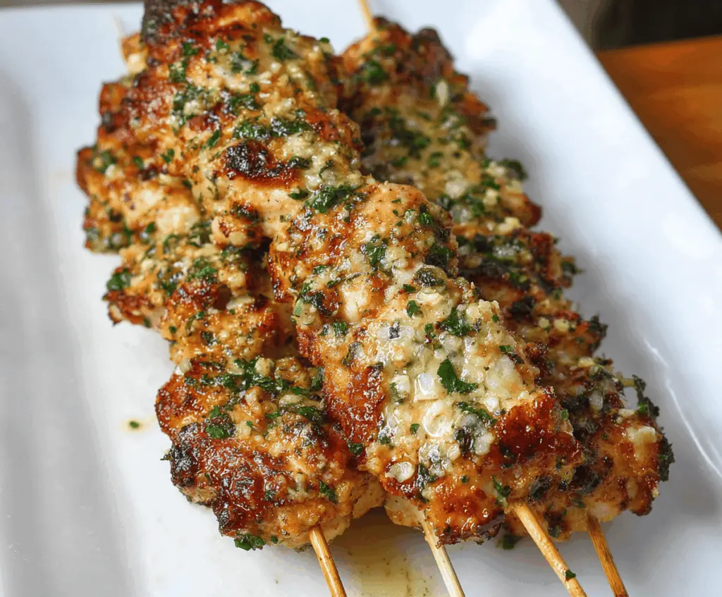 Juicy chicken skewers topped with garlic and parmesan cheese, perfect for grilling or dinner.