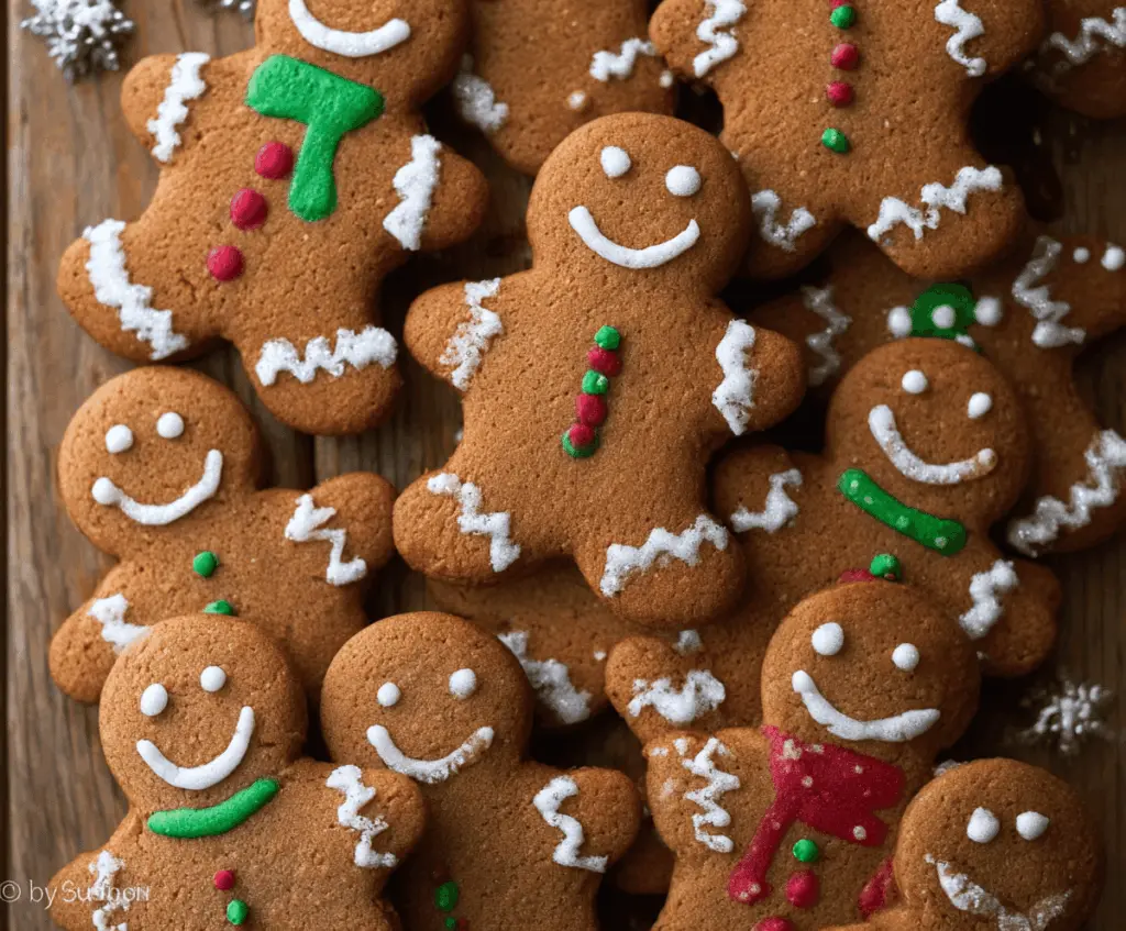 Delicious gingerbread man cookies decorated with white icing and colorful sprinkles on a festive platter.