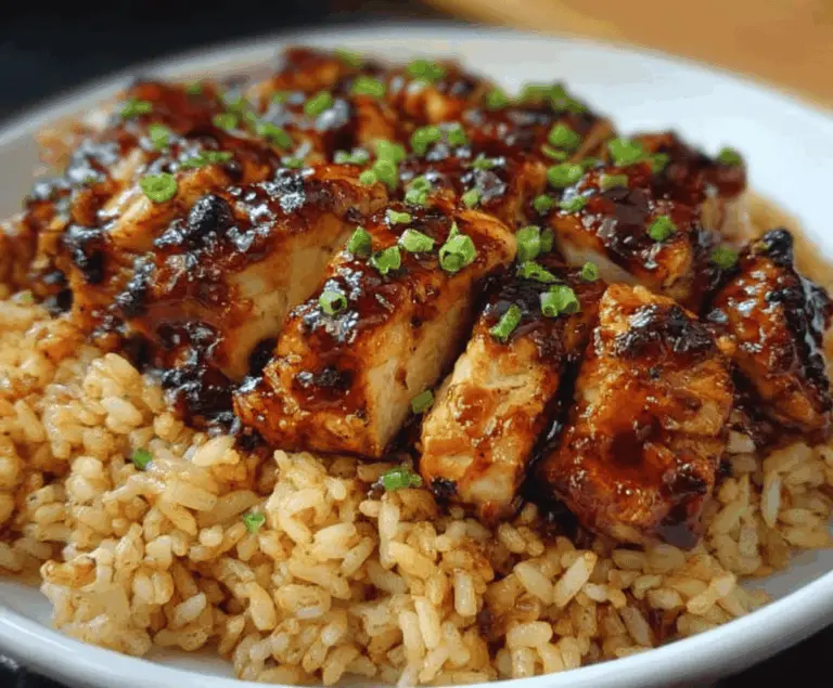 Delicious honey BBQ chicken served over rice, garnished with fresh herbs.