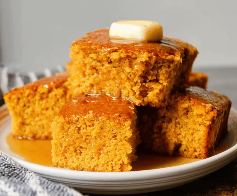 Delicious Honey Butter Sweet Potato Cornbread on a rustic plate, showcasing its golden crust and sweet potato chunks.