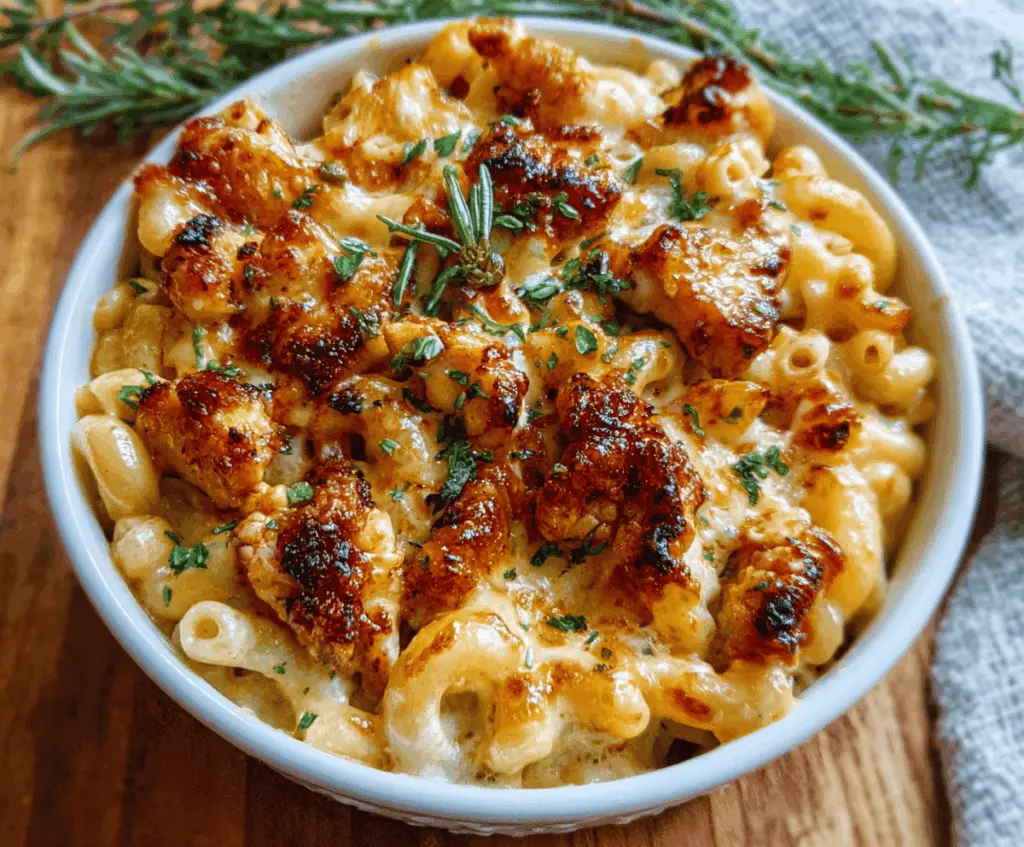 Creamy mac and cheese topped with spicy hot honey glazed chicken in a tempting dish.