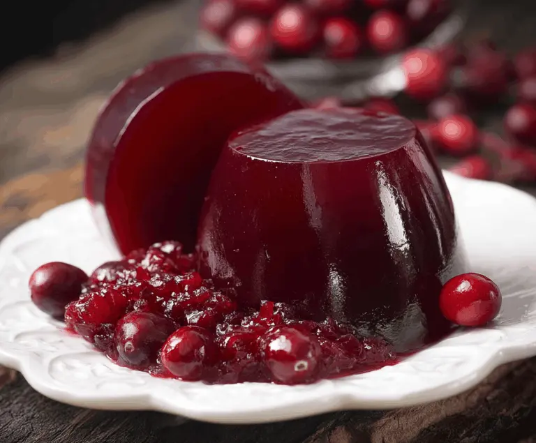 Homemade jellied cranberry sauce in a glass dish for festive holiday meals