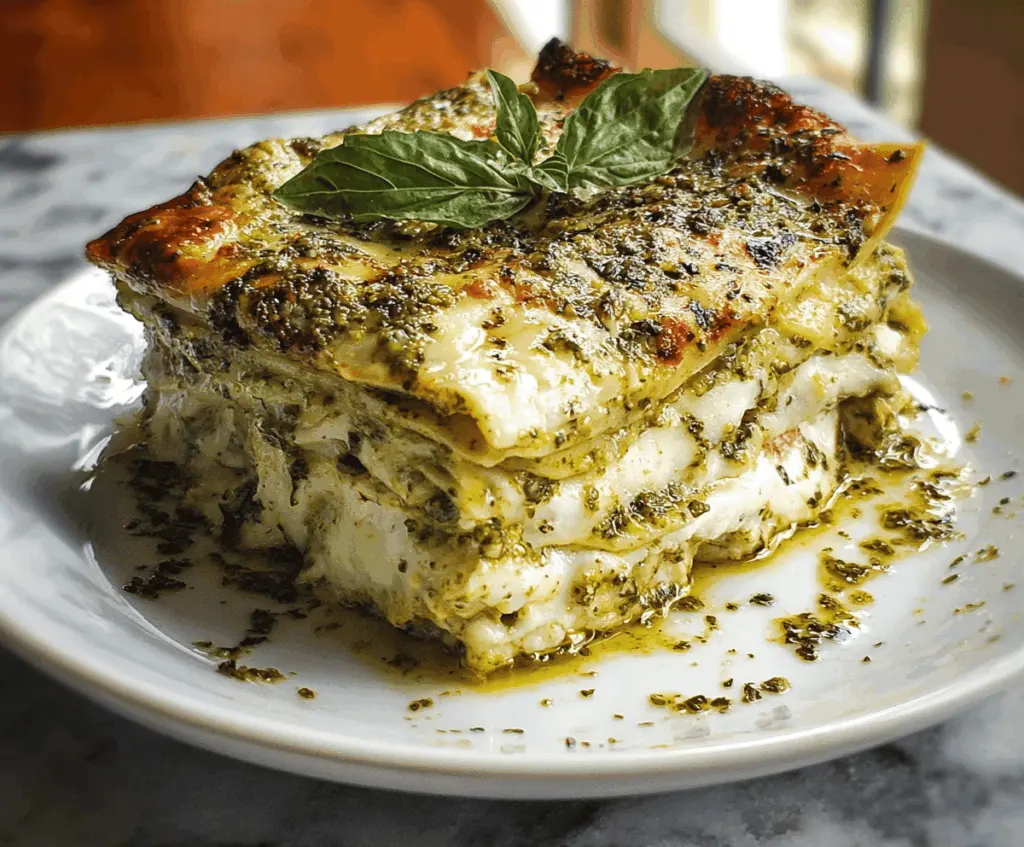 Delicious homemade Lasagna al Pesto with pesto sauce, cheese, and herbs served on a plate.