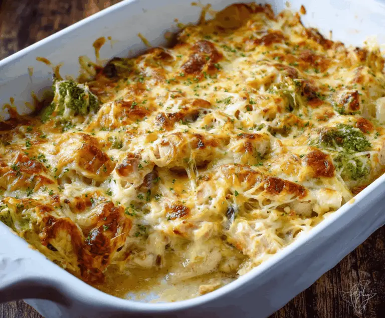 Delicious low carb chicken casserole topped with melted cheese and fresh herbs.