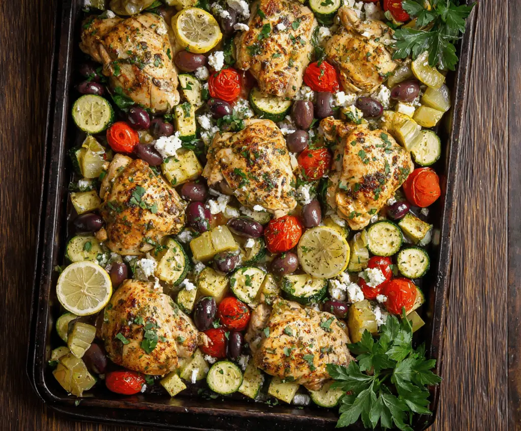 Mediterranean chicken and zucchini sheet pan dinner with herbs and spices, healthy baked meal