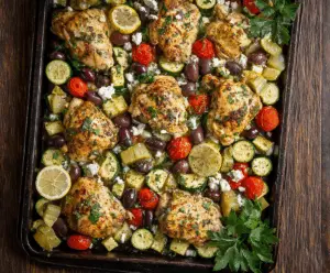 Mediterranean chicken and zucchini sheet pan dinner with herbs and spices, healthy baked meal