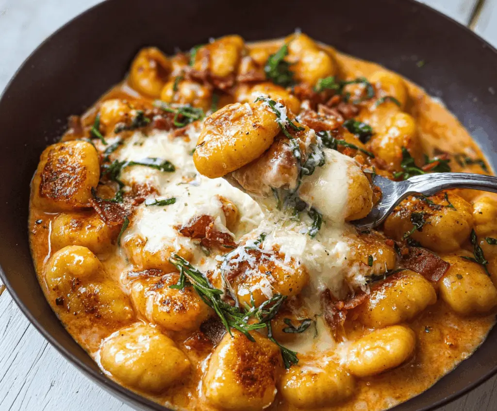 Delicious Millionaire Gnocchi with Creamy Sauce on a dinner plate, garnished with herbs.