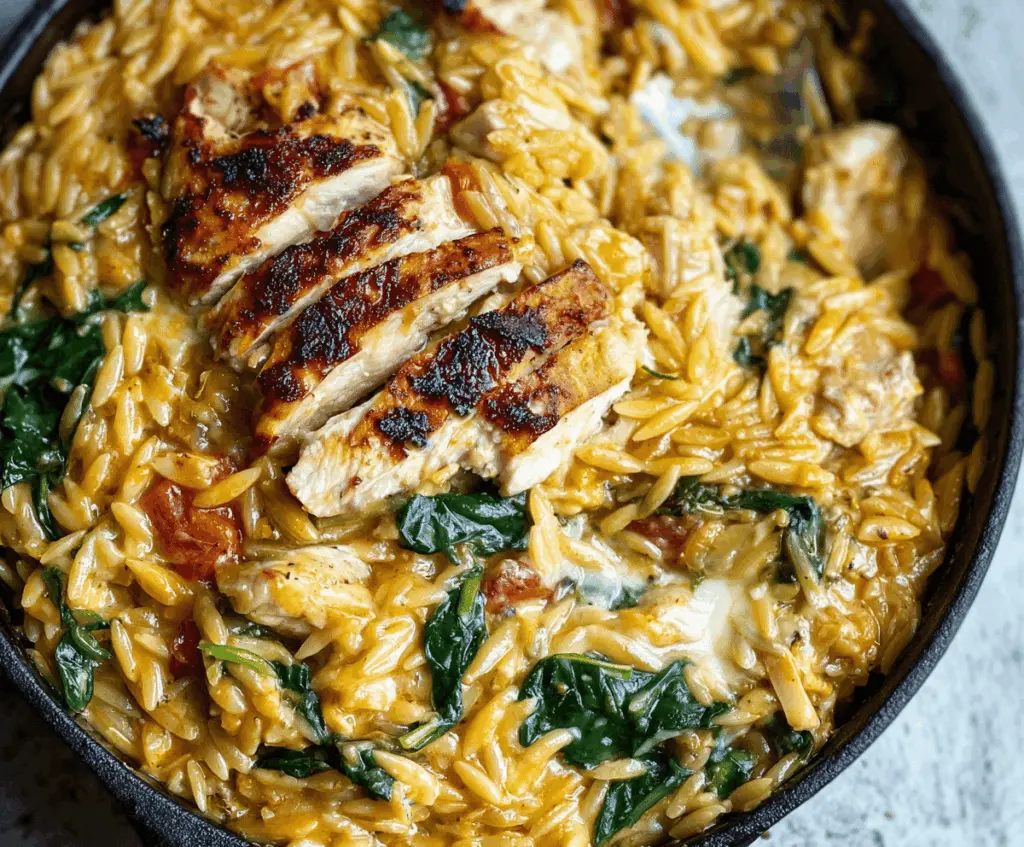 Delicious Monterey Chicken Orzo served on a white plate with fresh herbs and melted cheese.
