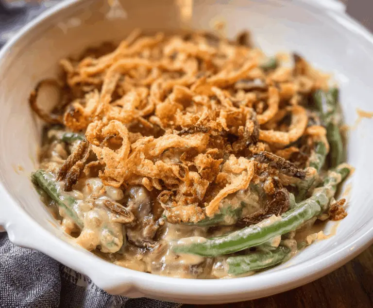 Delicious homemade Campbell's green bean casserole with crispy onions and creamy sauce.