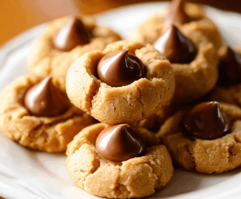 Delicious peanut butter blossoms cookies with a chocolate kiss on top, ready to enjoy.