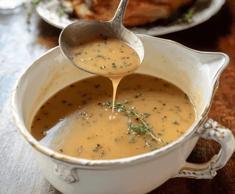 Creamy and flavorful perfect turkey gravy served in a gravy boat for a delicious holiday meal.