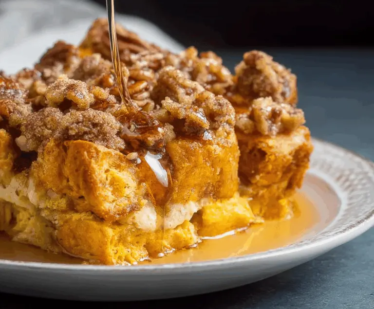Delicious Pumpkin Spice French Toast Casserole topped with powdered sugar and fresh fruit.