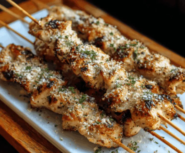 Delicious ranch garlic parmesan chicken skewers on a plate perfect for grilling or BBQ