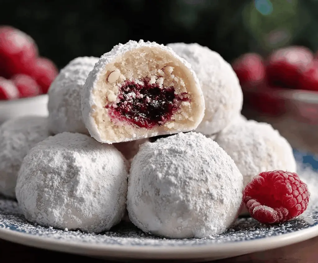 Delicious raspberry-filled almond snowball cookies dusted with powdered sugar.